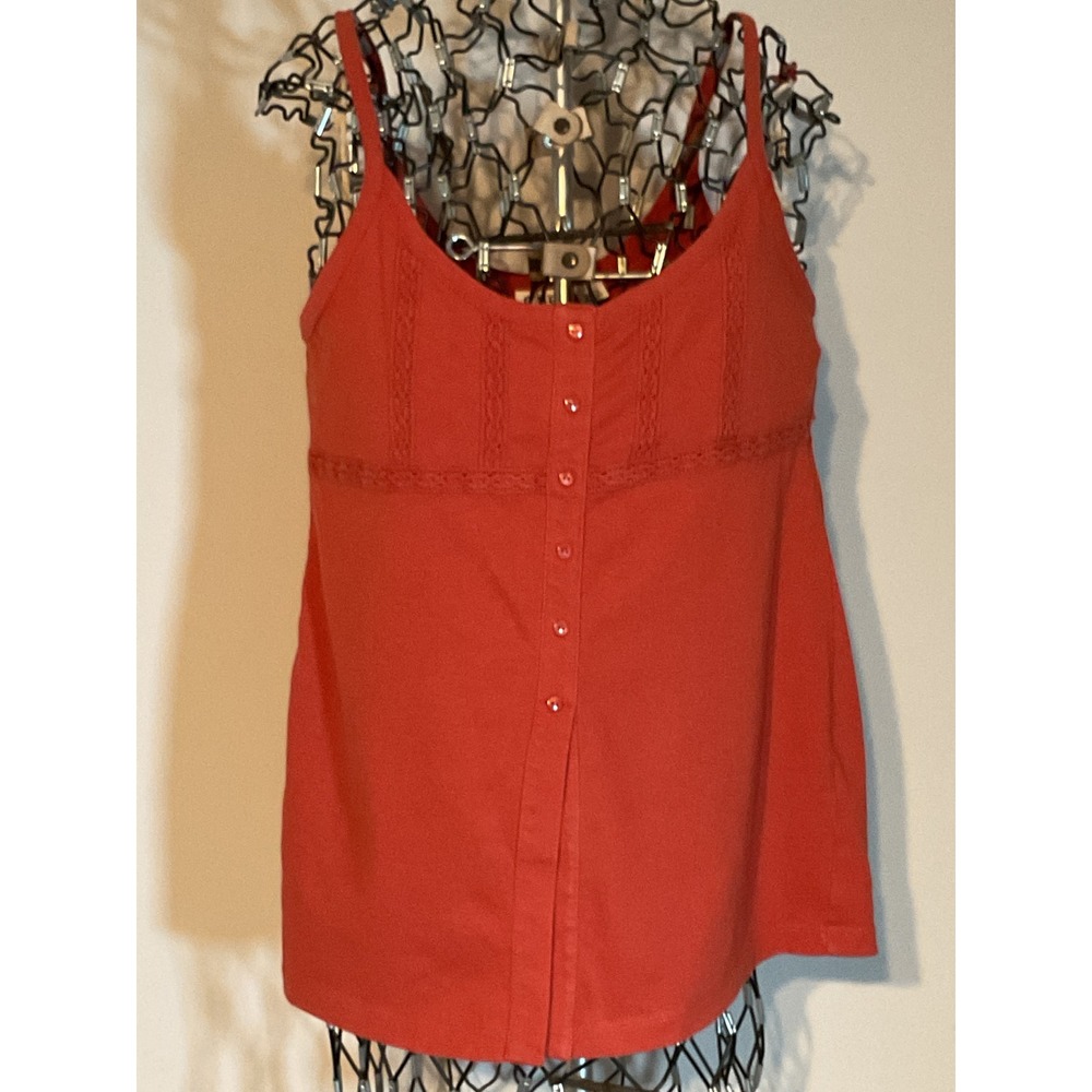 Cato Womens Red Orange Crochet Lace Trim‎ Button Front Camisole Tank Top Small
